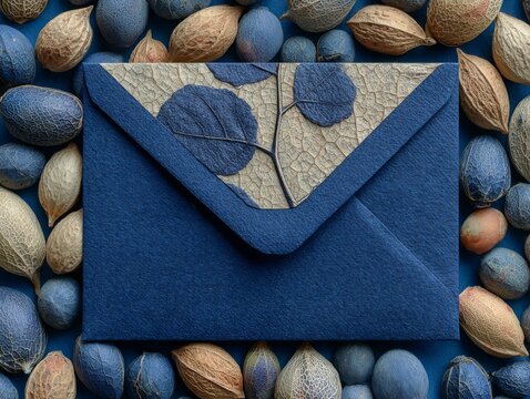 Elegant blue envelope with leaf texture, surrounded by natural seed pods, representing communication and organic design