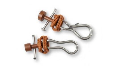Metal clips with brown rope knots on a white background  