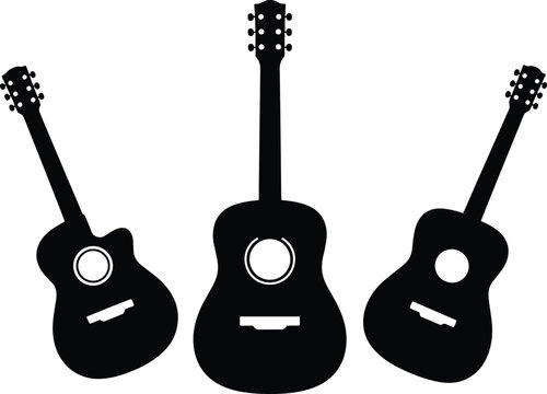 Black acoustic guitar silhouettes, musical instrument shapes, artistic composition, sound hole detail, tuning pegs, music design, guitar trio, creative layout