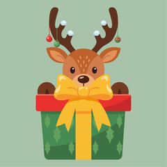 Cute Christmas Reindeer Peeking Out of a Gift Box