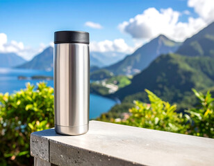 Stainless steel travel tumbler outdoors with mountains