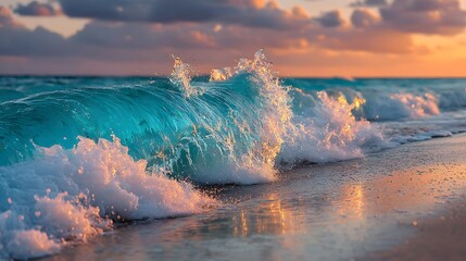 Fototapeta premium Crystal-clear turquoise wave crests on a sandy shore during a vibrant sunset. Golden light reflects on the water beneath fluffy clouds.