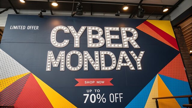 Cyber monday promotional sign with light bulbs and 70 off offer for retail sales and discount advertising during shopping event