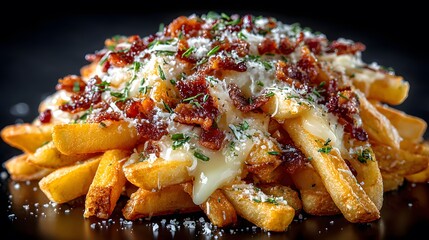 Decadent pile of golden french fries topped with melted cheese and crispy bacon bits, on a reflective black surface, an indulgent treat.