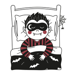 sleeping vampire boy wearing a sleep mask, funny Halloween illustration