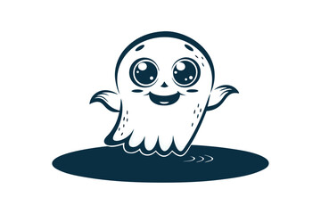 Whimsical black and white ghost joyfully waves its arms while smiling cheerfully upward