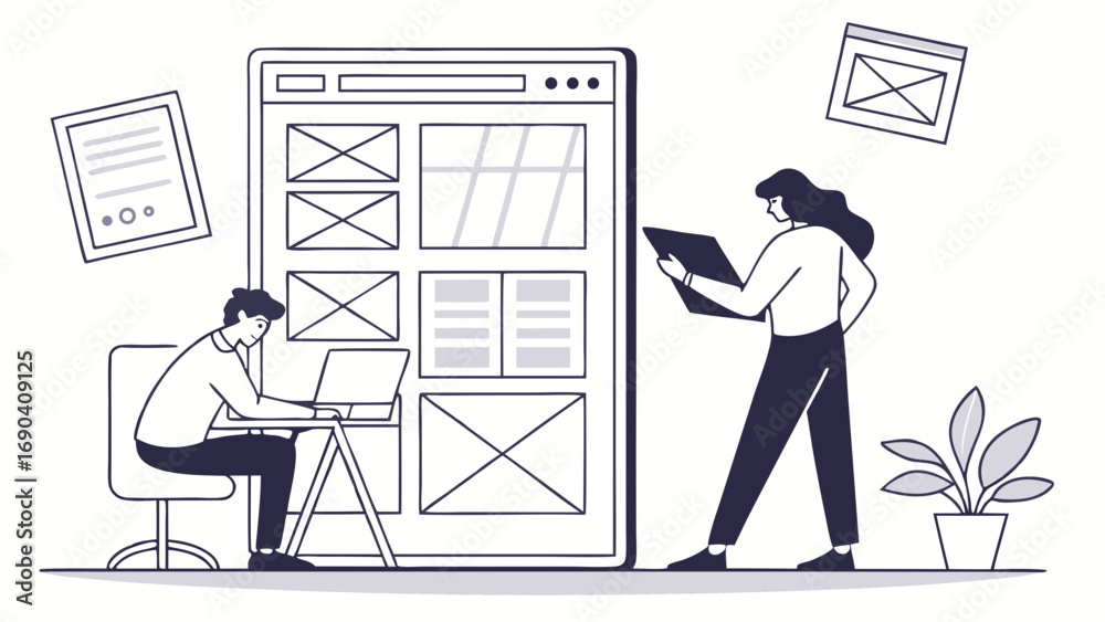 Wall mural teamwork on website design project ui ux development webpage mockup illustration.