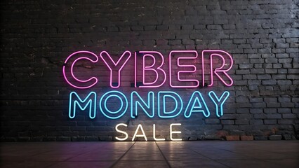 Neon cyber monday sale sign on a brick wall promoting online deals and discounts for the holiday shopping season event