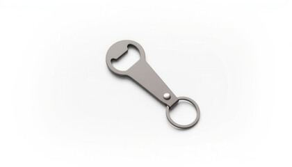 Bottle opener on keychain with silver finish on white background  