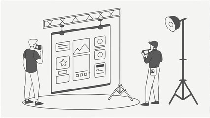 Two people photographing a large presentation board with UI design mockups in a studio setting.