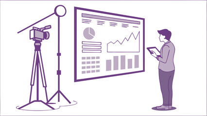 Video production business presentation data analysis modern studio setup professional recording financial report charts graphs digital tablet camera on tripod lighting equipment infographic business .