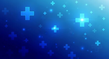 Fototapeta premium Blue plus signs float on a gradient background with sparkling light effects, creating a modern and technological atmosphere.