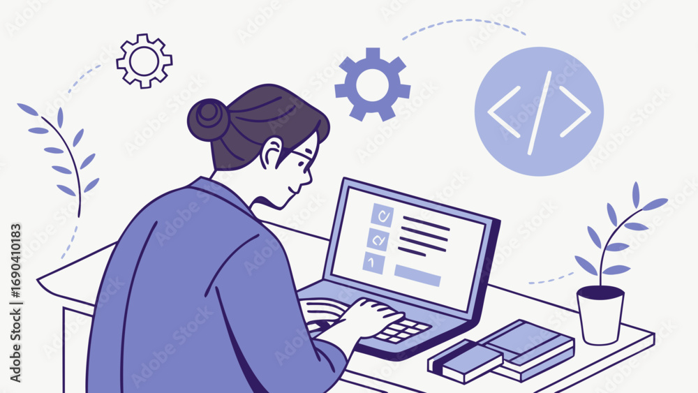 Wall mural woman working on laptop programming coding software development online business checklist technology
