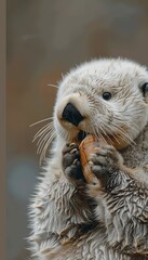 Fototapeta premium A sea otter relaxing on its back with a shell resting on its chest in calm waters