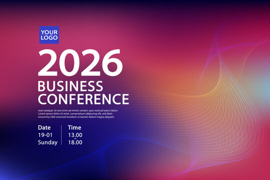 A modern invitation template for a corporate business conference in 2026. This professional banner design features a colorful abstract background for a summit, forum, or event.