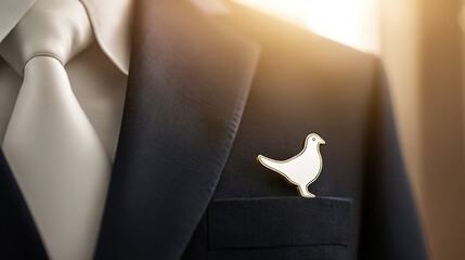 White dove pin on silk lapel with soft morning light and blurred background of olive branches.