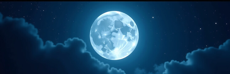 radiant full moon dominates velvety dark blue midnight sky luminescent glow casting ethereal silver haze across constellations