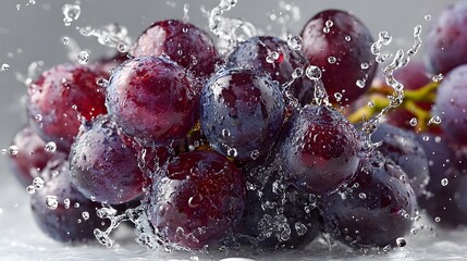 Lush bunch of ripe, purple grapes with a dramatic splash of grape juice erupting from the side, frozen in dynamic and refreshing motion.