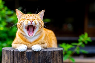 A cat yawning while laying on top of a wooden post