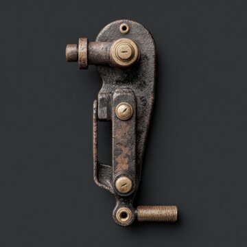Close-up of a vintage manual window crank mechanism with artistry.