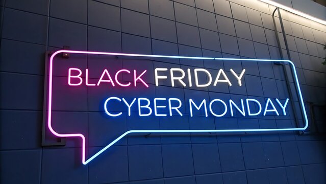 Neon sign with black friday and cyber monday text on wall promoting online sales event and marketing campaign for retailers