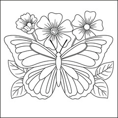 Beautiful Butterfly with Delicate Flowers Line Art