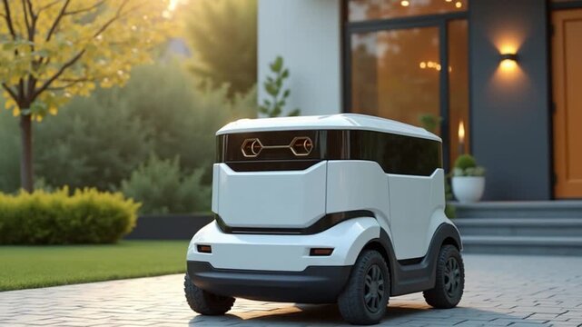Delivery robot in front of the house, Autonomous delivery robotic