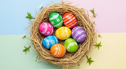 Obraz premium Colorful Easter eggs arranged in a nest of straw on a pastel background, cheerful springtime composition.