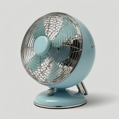 A pastel blue oscillating desk fan in a clean workspace.