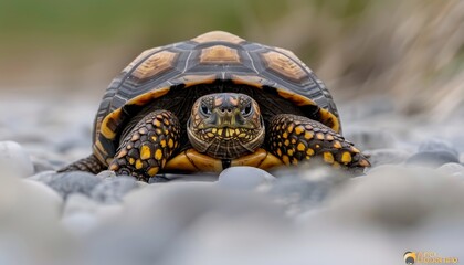 Obraz premium Tortoise slowly moving along a rugged path surrounded by rocks and natural terrain