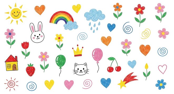 A whimsical collection of hand drawn elements featuring a smiling sun rainbow flowers animals and various shapes for children s designs