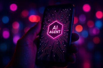 AI Agent Mobile App Interface with Futuristic Neon Circuit