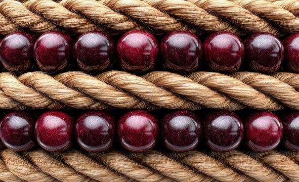 Close-up of a bracelet with brown rope and deep red beads