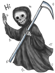 Spooky grim reaper with scythe in hand. skull ghost. Halloween Cartoon. Hand drawn illustration isolated on white background.