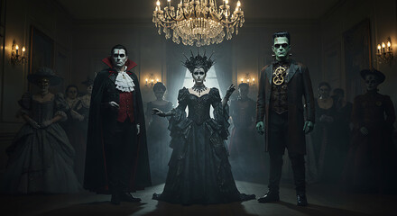 Eerie Halloween Masquerade Ball With Dracula Frankenstein And A Queen