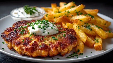 Golden-brown breaded chicken cutlet served with crispy french fries and a dollop of creamy mayonnaise, garnished with chives on a plate.