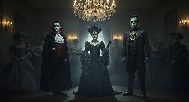 Eerie Halloween Masquerade Ball With Dracula Frankenstein And A Queen