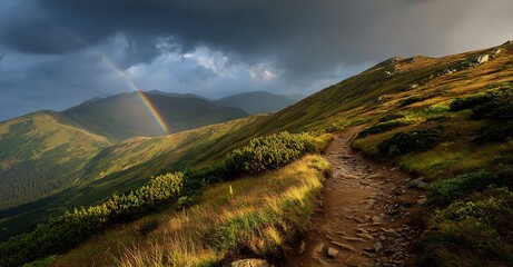 A winding mountain path ascends through lush alpine meadows, illuminated by a vibrant rainbow breaking through dramatic storm clouds, evoking a sense of hope and natural beauty.