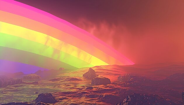 Enchanting rainbow fog gracefully rolling across a magical fantasy meadow landscape scene