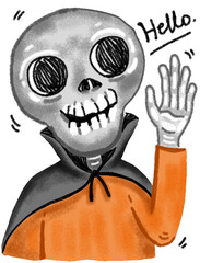 Skull ghost say Hello.Halloween Cartoon. Hand drawn illustration isolated on white background.