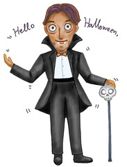 Count Dracula say Hello. Halloween Cartoon. Hand drawn illustration isolated on white background.
