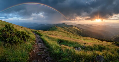 A winding stone path leads through lush green hills towards a vibrant rainbow arcing across a dramatic, cloud-filled sky at sunset, evoking a sense of hope and natural beauty.