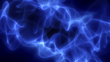Glowing blue particles form a complex abstract mesh of curves and waves, radiating futuristic digital energy
