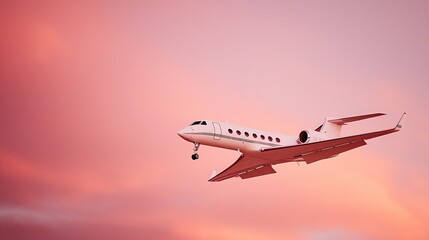 A sleek private jet soars through a vibrant, pastel sky, capturing a sense of freedom and aspiration with its elegant design and the warm glow of the sunset.