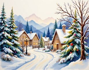 Fototapeta premium a delicate watercolor painting of a snowy christmas village with glowing lanterns and pine trees covered in snow, painted in soft festive tones, on a clean white background.