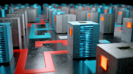 Data center with glowing blue and red lights showing digital network and data flow in futuristic monopoly style design