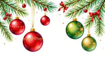 a watercolor of christmas ornaments hanging from pine branches, painted in red, gold, and green, delicate brush textures, isolated on a pure white background.