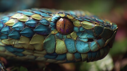 A mesmerizing close-up reveals the intricate scaled texture and captivating gaze of a reptile, evoking a sense of ancient power and natural beauty, rendered with detailed artistry.