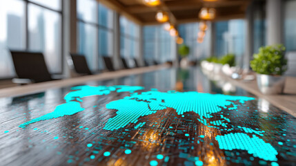 Digital data visualization of world map on wooden table in modern office with monopoly of technology and innovation