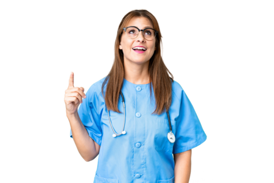 Middle age nurse woman over isolated background pointing up and surprised - Powered by Adobe